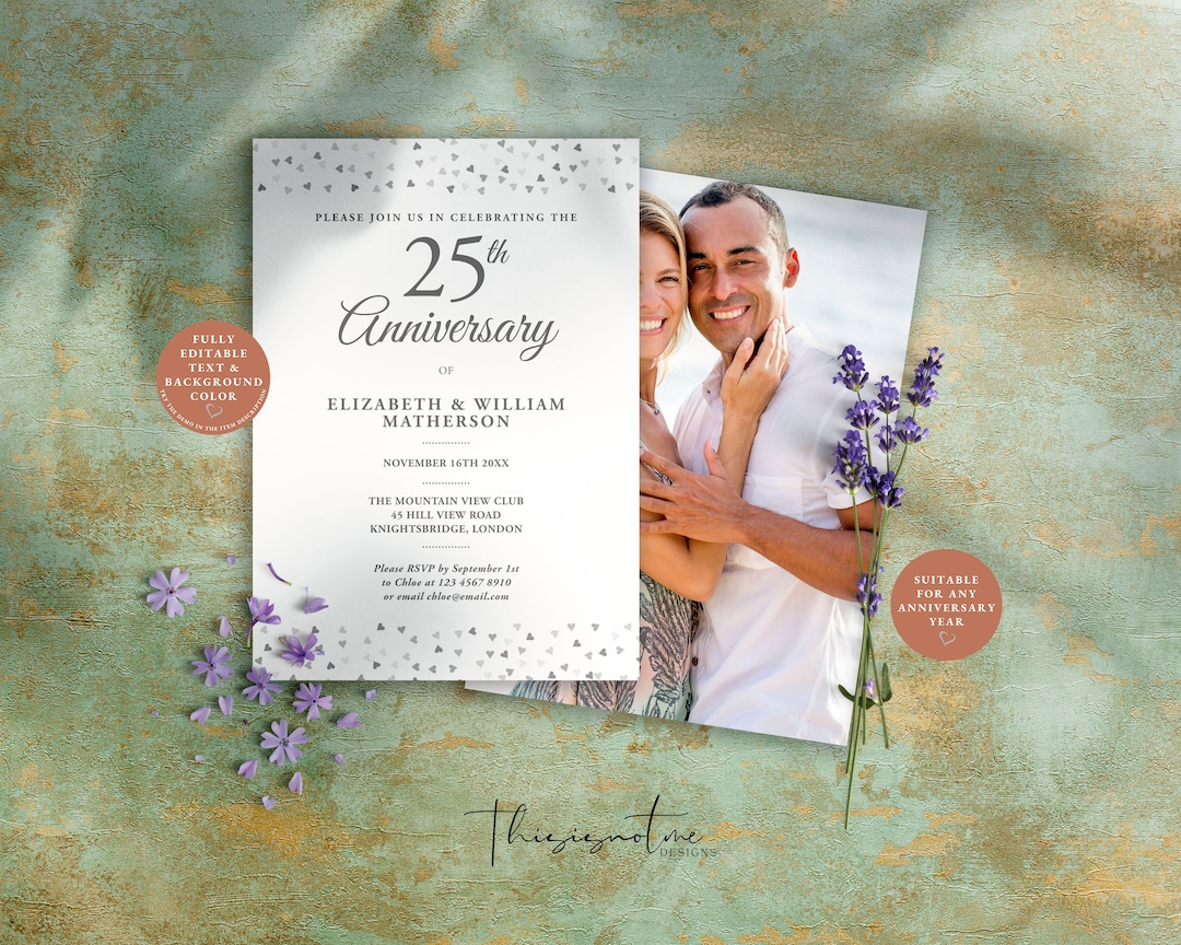 Buy 25th Anniversary Invitation Template: Silver Hearts Confetti