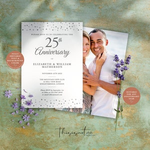 25th Silver Anniversary Invitation Template, Surprise Party, Instant Download, Editable Printable Invite, Love Hearts Confetti