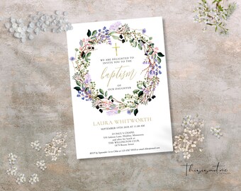 May include: A floral wreath with a gold cross in the center, with the text "We are delighted to invite you to the baptism of our daughter Laura Whitworth" and details for the event, including the date, time, and location.