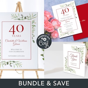 Pacote de comemoração de 40º aniversário, convite de casamento Ruby, placa de boas-vindas, cartão de agradecimento, aquarela com folhagens editáveis para impressão, WG40