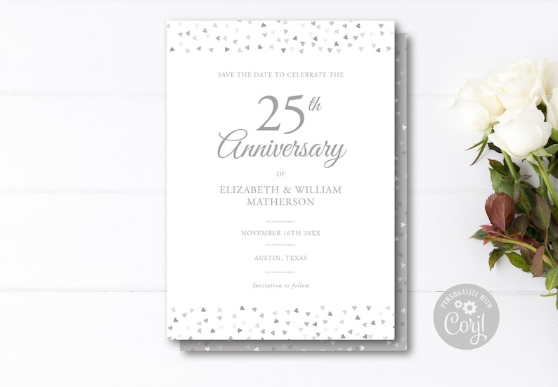 Love Hearts Confetti Silver Wedding Change of Date Vow Renewal Template Invite 25th Anniversary Save The Date Invitation Instant Download