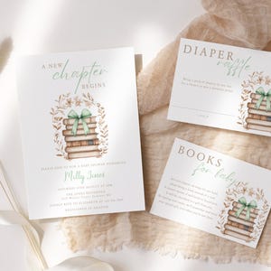 New Chapter Begins Baby Shower Invitation Bundle, Gender Neutral Storybook Baby Shower Editable Invitation, Coquette Bow