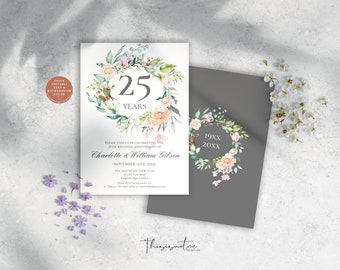 25th Silver Wedding Anniversary Invitation Template, Any Year Surprise Party, Instant Download Editable Printable, Vow Renewal, Floral, RG25