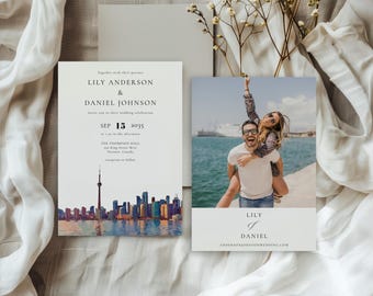 May include: Wedding invitation featuring the names "LILY ANDERSON & DANIEL JOHNSON" and the date "SEP 15 2035". The invitation includes a watercolor skyline and a photo of a couple. The website address is also visible.