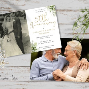 HARMONY 50th Anniversary Invitation Template, Greenery Gold Wedding Anniversary Invite Printable, Editable Photo Invite Instant Download