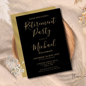 Modern Retirement Invitation Template,  Black Gold Retirement Party Invite, Printable Invitation, Editable Template, Instant Download