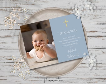 Baptism Thank You Card Template, Blue Baptism Thank You Note Template, Editable Printable Simple Photo Thank You Card Instant Download, SIGB