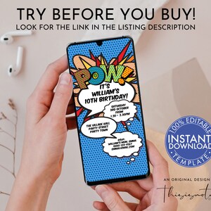 Birthday Evite, Template, Phone, Electronic Invitation, Fun, Pow Blue, Comic Book, Digital Invite, Editable, Instant Download, Text Message