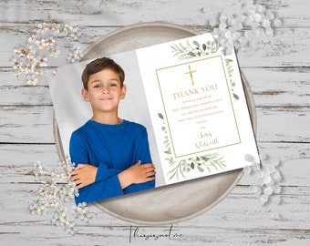 Greenery First Communion Thank You Card Template, First Holy Communion Thank You Card Printable, Photo Thank You Note Instant Download, WGHC