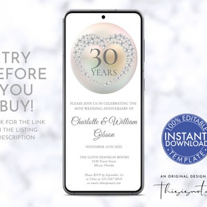 30th Pearl Wedding Anniversary Photo Evite Template, Electronic Virtual Digital Invite, Elegant Stylish Instant Download Invitation