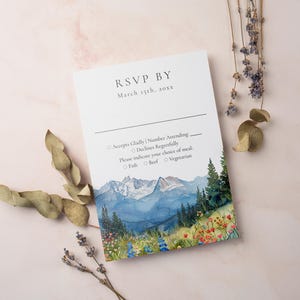 MONTARA Watercolor Mountain Wildflower Wedding RSVP Card Template, Destination Wedding RSVP Card, Printable Response Card Instant Download