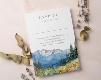 Watercolor Mountain Wildflower Wedding RSVP Card Template (Digital Download) MONTARA
