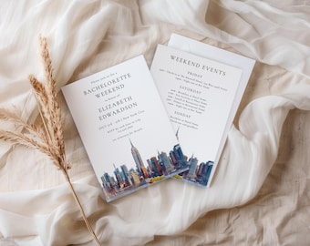 Watercolor New York City Skyline Bachelorette Invitation Template: Weekend Itinerary (Digital Download)
