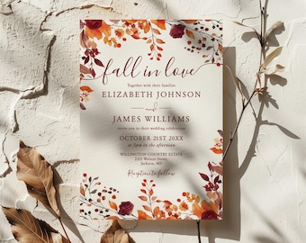 Burgundy Watercolor Autumn Fall Floral Rustic Wedding Invitation Template, Printable Wedding Invite, Instant Download