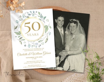 50th Anniversary Invitation Template Greenery Anniversary Invite Editable Printable Surprise Party Gold Wedding Invite Instant Download LG50