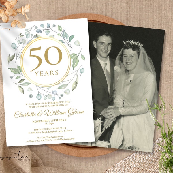 50th Anniversary Invitation Template Greenery Anniversary Invite Editable Printable Surprise Party Gold Wedding Invite Instant Download LG50