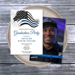 Police Graduation Party Invitation Template, Thin Blue Line Flag, Police Academy Editable Graduate Party Invite, Editable Digital Printable