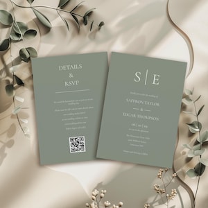 Monogram Wedding Invitation Template: Sage Green, QR Code, RSVP, Details (Digital Download) MW1