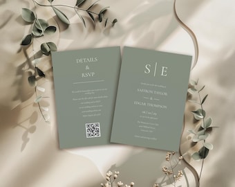 Minimalist QR Code Wedding Invitation Template, Elegant Monogram Invite, Sage Green Printable Wedding Invite with QR Code rsvp, MW1