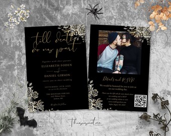 Gothic Wedding Invitation Template: Photo, Floral Roses, Black & Gold (Digital Download) GOYA