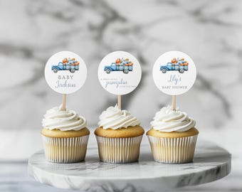 Watercolor Pumpkin Cupcake Toppers: Rustic Autumn Blue Boy Baby Shower (Instant Download) PIPPA