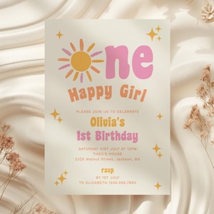 One Happy Girl 1st Birthday Party Invitation, First Birthday Girl Invite Template, Sun 1st Birthday Invite, Groovy, Instant Download, DIY