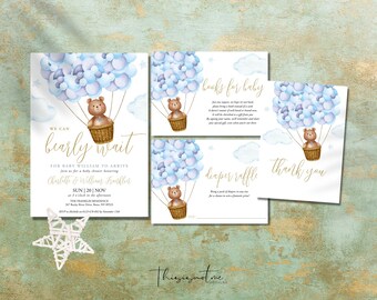Bear Baby Shower Invitation Template: Bearly Wait Boy Blue Hot Air Balloon, (Digital Download)