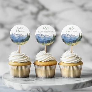 Watercolor Mountain Baby Shower Cupcake Toppers: Gender Neutral Boho Floral Decor (Digital Download) MONTARA
