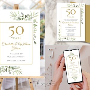 50th Wedding Anniversary Bundle, Invitation, Phone Evite, Welcome Sign, Any Year, Surprise Party, Greenery Editable Printable Template, WG50