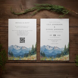MONTARA Rustikaler Berg Wildblumen QR-Code Hochzeitseinladungsvorlage, Sofortiger Download, druckbarer, bearbeitbarer Text, elegante, moderne Einladung