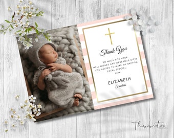 Pink Baptism Thank You Card Template, Photo Thank You Note Template, Editable, Girl Baptism Thank You Card Printable, INSTANT Download, CSB