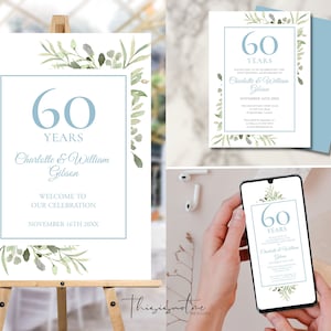 60th Anniversary Bundle, Diamond Wedding Invitation, Phone Evite, Welcome Sign, Greenery Floral, Editable Digital Printable Template, WG60
