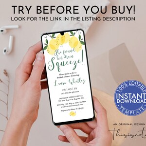 Editable She Found Her Main Squeeze Bridal Shower Invitation, Evite, Template, Electronic, Digital Invite, Instant Download, Lemon Citrus