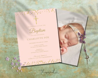 Baptism Invitation Template, Pink Gold Christening Invite, Printable Girl Christening Invitation, Editable Pink And Gold Baptism Invite, DIY