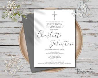May include: White invitation card with a gray cross at the top. The text reads "Please join us for the First Holy Communion of our daughter Charlotte Johnston. September 19th 202X at 11:40 AM. St Paul's Chapel 559 Ashton Lane, Hinkley, Minnesota and after for lunch at The Willington Club, 1879 Boone Street. Please RSVP by September 1st to Chloe at 123 4567 8910 or email chloe@email.com."