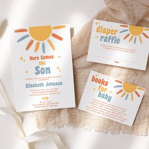 Here Comes The Son Baby Shower Invitation Suite, Sunshine Baby Shower Invitation Bundle, Boy Baby Shower Invitation Template, Retro Baby