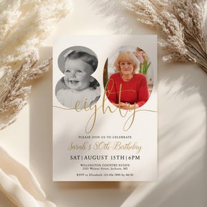 80th Birthday Photo Invitation, Look Who&#39;s 80 Birthday Invite, Eighty, Elegant 80th Invitation Template, Editable Template  Digital Download