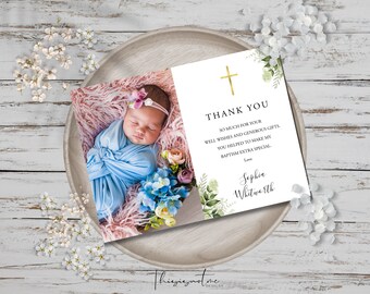 Greenery Floral Baptism Thank You Card Template, Photo Thank You Note Template, Editable Baptism Thank You Printable, Instant Download, RGB