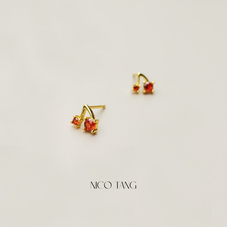 Tiny Cherry Stud Earrings, Gold Twin Cherry Earrings with CZ, 925 Silver Post, Small Gold Studs, One Pair 2 Pcs image 3