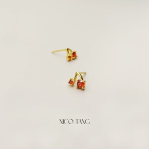 Tiny Cherry Stud Earrings, Gold Twin Cherry Earrings with CZ, 925 Silver Post, Small Gold Studs, One Pair 2 Pcs image 2