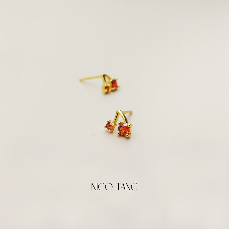 Tiny Cherry Stud Earrings, Gold Twin Cherry Earrings with CZ, 925 Silver Post, Small Gold Studs, One Pair 2 Pcs image 2