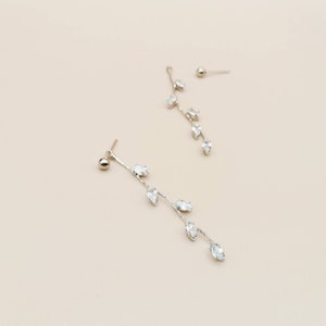 Sterling Silver Leaf Drop Earrings with Crystal, Olive Leaf Earrings, Olive Branch Earrings, Silver Snake Link Earrings, Wedding Earrings