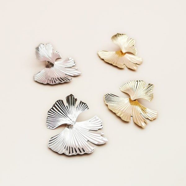 Large Ginkgo Leaf Stud Earrings, Gold or Silver, Gingko Leaf Dangle, Botanical Earrings