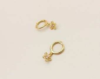 Dainty Flower Charmed Huggie Hoop Earrings with CZ, Gold Plated Sterling Silver, Cute Flower Dangle Earrings