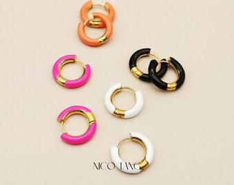 Enamel Huggie Hoop Earrings, 14K Gold Plated, Chunky Huggies in Four Colour Choices, Statement Earrings