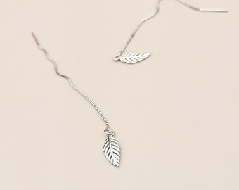 Sterling Silver Leaf Ear Threaders, Delicate Leaf Drop Earrings, Minimalist Threader Earrings