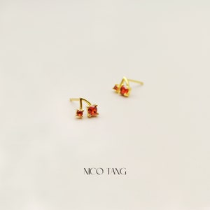 Tiny Cherry Stud Earrings, Gold Twin Cherry Earrings with CZ, 925 Silver Post, Small Gold Studs, One Pair 2 Pcs image 1