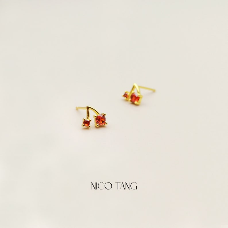 Tiny Cherry Stud Earrings, Gold Twin Cherry Earrings with CZ, 925 Silver Post, Small Gold Studs, One Pair 2 Pcs image 1