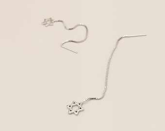 Star of David Ear Threaders in Sterling Silver, Delicate Star Drop Earrings, Minimalist Threader Earrings