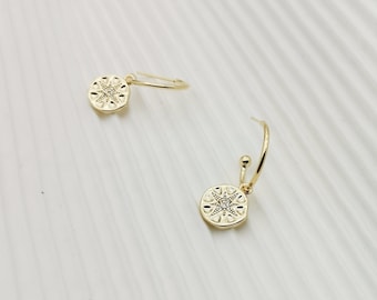 Gold Starburst Dangle Hoop Earrings with CZ, North Star Earrings, Gift for Her